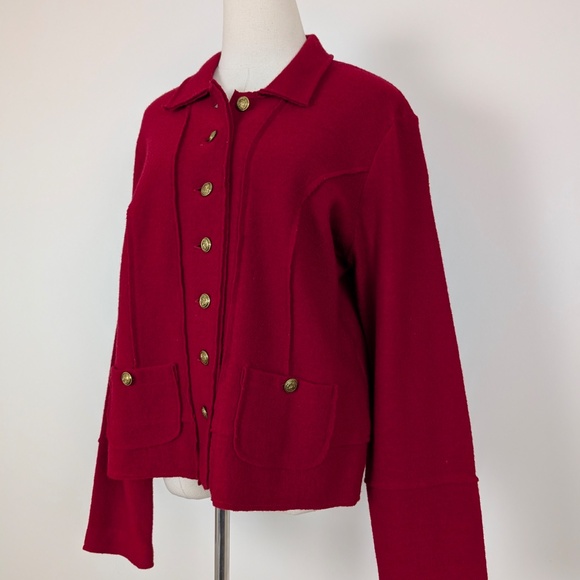90s Boiled Wool Cardigan Jacket Cherry Red Long Sleeve Collar Button Up - Picture 4 of 11